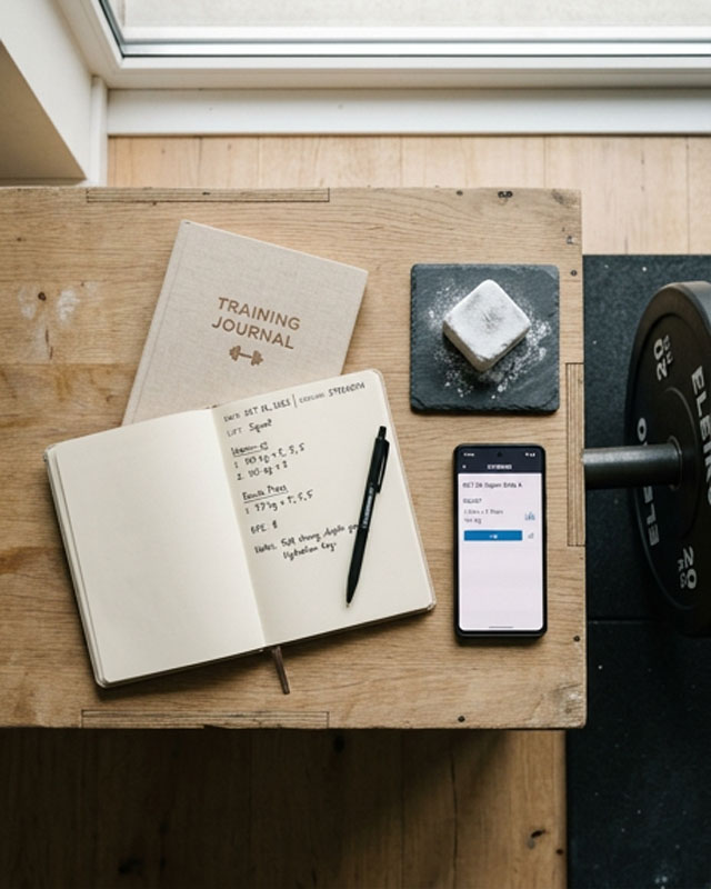 Flat lay desk scene showing a training journal, phone displaying a workout app, and chalk block beside a barbell, clean composition, soft natural light, minimal editorial photography