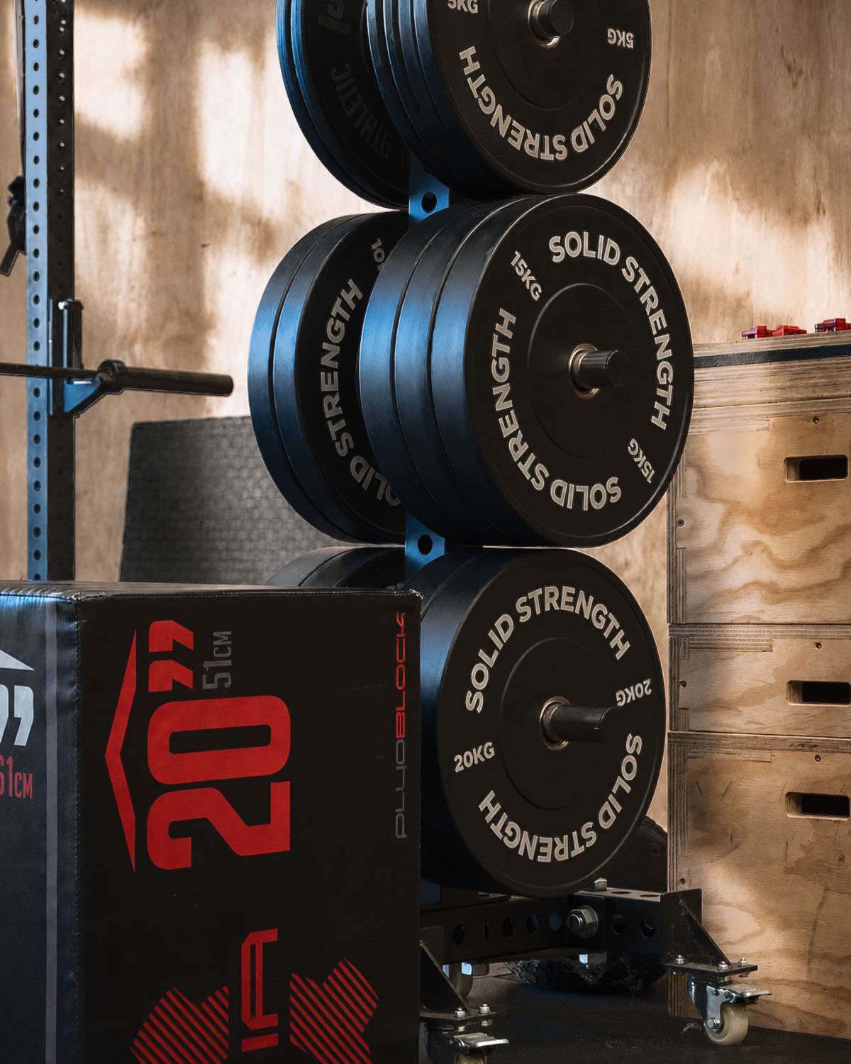 Wide interior shot of a converted shed gym with multiple Olympic lifting platforms, jerk blocks and a pull-up rig, large open roller door letting in natural light, concrete floor, industrial ceiling, premium editorial architectural photography