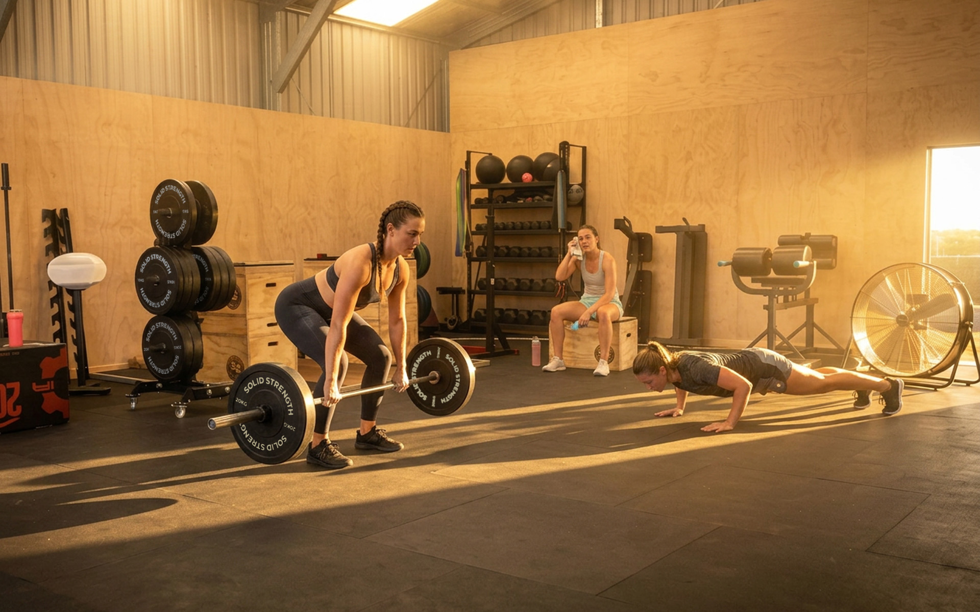 Wide-angle shot of a small group training session in a converted shed gym, four or five people mid-exercise with kettlebells and wall balls, coach visible directing from the side, sense of energy and camaraderie, warm natural light through an open roller door, industrial gym details visible, editorial fitness photography, horizontal wide composition, warm golden tones
